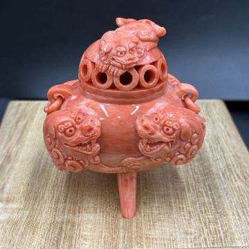 1円スタート 桃色珊瑚 獅子 香炉 置物 総重量約138.9g サンゴ コーラル coral UI0902へ