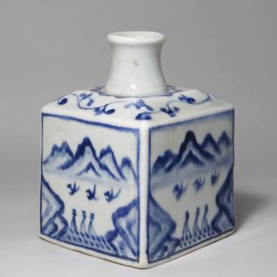 韓国美術　李朝　白磁　染付　船　風景　山水　四方　徳利　花瓶　分院　時代物　