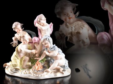 【雲】某コレクター買取品 オールドマイセン Meissen 陶器人形 子供 天使 置物 19&times;12.5&times;17 西洋美術品(フィギュリン)DY6049 CLTj ATDij