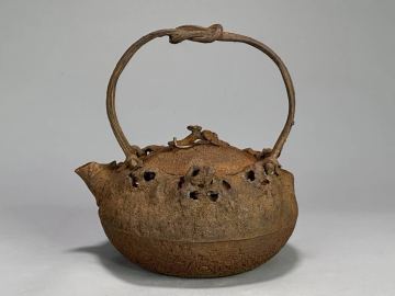 R75US3-1 煎茶道具　上田 照房 造　鉄共蓋　蟹盛上　小鉄瓶　時代鉄瓶　美品　鉄瓶　鉄壺
