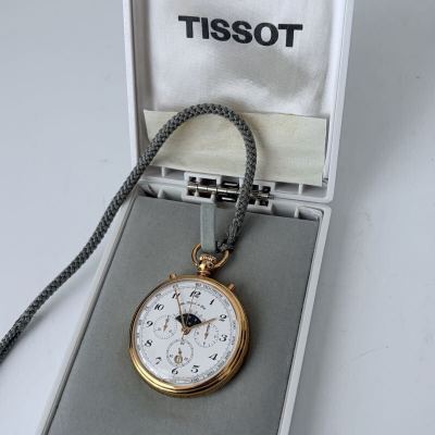 【箱付き】TISSOT ティソ 懐中時計 手巻き時計 稼働品 ムーンフェイズ クロノグラフ デイト スモールセコンド 17石 アンティーク