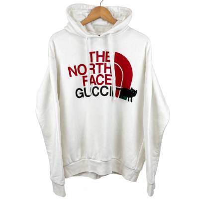 253『美品・名作コラボ』 GUCCI グッチ ノースフェイス コラボ メンズ ビッグロゴ プリント パーカー スウェット ホワイト M相当