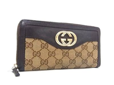 1円 GUCCI グッチ 308012 インターロッキングG GGキャンバス&times;レザー ラウンドファスナー 長財布 ウォレット 小銭入れ ベージュ系 FW8443