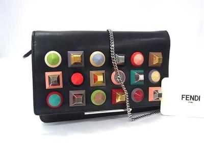 1円 FENDI フェンディ レインボースタッズ レザー チェーン ショルダーウォレット ショルダーバッグ ブラック系&times;マルチカラー GC3446