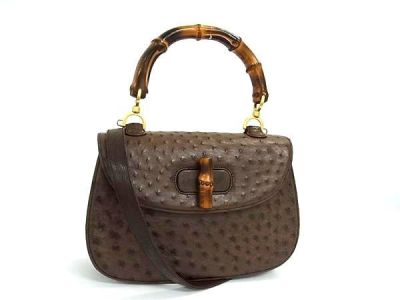 1円 ■極上■本物■美品■ GUCCI グッチ 000 01 0633 バンブー オーストリッチ 2WAY ショルダー ハンドバッグ 斜め掛け ブラウン系 BS8890