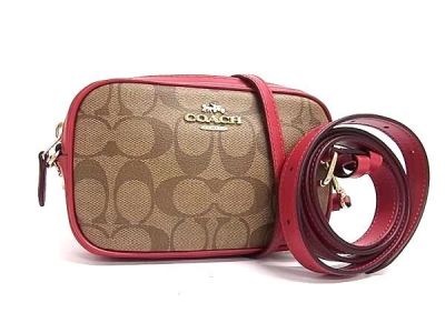 1円 ■極美品■COACH コーチ F73951 シグネチャー PVC レザー 2WAY クロスボディ ショルダー ウエストバッグ ブラウン系&times;レッド系 HD1934