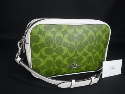 1円 ■美品■ COACH コーチ 68168 シグネチャー PVC&times;レザー クロスボディ ショルダーバッグ 斜め掛け グリーン系&times;アイボリー系 HD1375