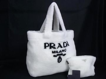 1円 ■美品■ PRADA プラダ テリー ボワ ハンドバッグ トートショルダー 肩掛け レディース ホワイト系 FZ8198