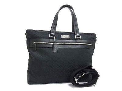 1円 ■美品■ COACH コーチ F70291 ミニシグネチャー キャンバス 2WAY ビジネスバッグ ハンドバッグ ショルダーバッグ ブラック系 HF1028