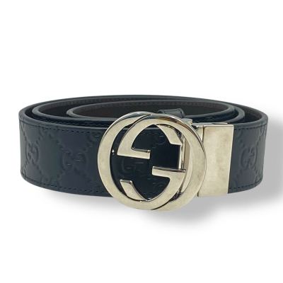 新品同様 GUCCI グッチ インターロッキングG レザー ベルト ブラック シルバー金具 0910-8 14KY