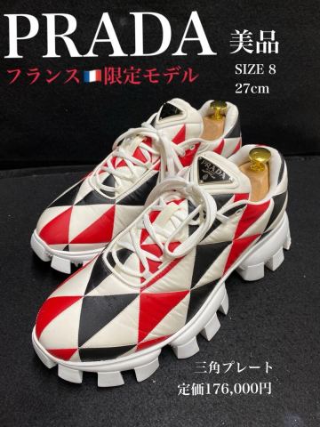 プラダ　スニーカー メンズ　美品　8 ルイヴィトン　27cm PRADA アーガイル　レッド　ホワイト　ブラック 三角エンブレム 三角ロゴ厚底
