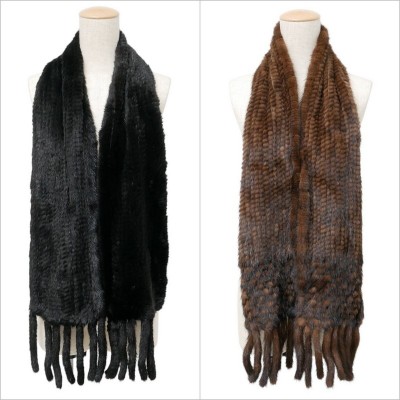 GA0562▲2点セット ミンク ファーヤーン フリンジマフラー ストール 本毛皮 MINK リアルファー ブラック系/ブラウン系