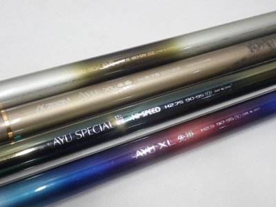 SHIMANO シマノ &alpha; ZOOM AYU XL 先掛 H2.5 H2.75 90-95/SPECIAL 競 HI-SPEED H2.75/EX 時雨 鮎竿 4本 おまとめ ケース付き &para; 76DD8-2