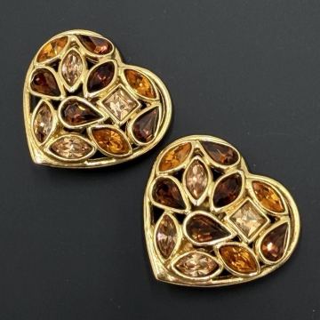 1円/極美品 イヴサンローラン Yves Saint Laurent イヤリング ハート ストーン クリスタル ゴールド 大ぶり コスチュームジュエリー