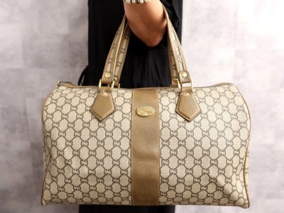 ●超美品●GUCCI オールド グッチ●グッチプラス●PVC カーフ レザー●ボストン バッグ●ベージュ ブラウン●G金具●ヴィンテージ●Js70853