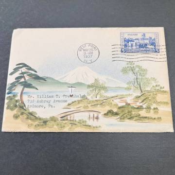 【カール・ルイス手彩封筒使用例 1937年】米国記念切手5c単貼 WEST POINT消印 美麗富士図手彩絵入り FDC エンタイア