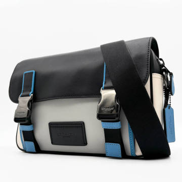 1円 極美品 COACH コーチ トラック ショルダーバッグ オールレザー フラップ 斜め掛け クロスボディ カラーブロック ブラック ホワイト
