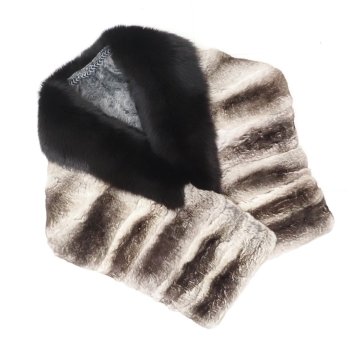 高級毛皮【 ￥1000～ / 破れ無し / 】 美品 ◆ チンチラ / フォックス ◆大き目 レア ショール ストール 羽織り 黒狐衿 付き 白/黒 ◆0911