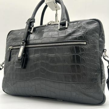 １円 ◆極美品◆ サンローラン SAINT LAURENT 2way ビジネスバッグ ブリーフケース ショルダーバッグ クロコ型押し レザー ブラック 黒
