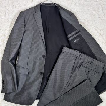 未使用級【希少!LLサイズ】BURBERRY BLACK LABEL バーバリーブラックレーベル スーツ 微光沢 ピンストライプ 裏地シャドー英字ロゴ ドレス