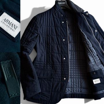 極美品/XLサイズ●最高級 アルマーニ コレッツィオーニ キルティングジャケット コート 中綿 ウール ストレッチ レザーロゴ 50 紺 ARMANI