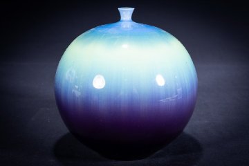 【珍品堂】1円から 九谷焼 人間国宝 三代 徳田八十吉 碧明耀彩花生 彩釉 壺 花瓶 在銘 本物保証 骨董品 古美術 H16.5cm M-A36-F9