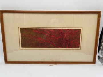 真作保障 木版画　星襄一「赤い枝」1973年　直筆サイン