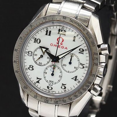 1円 保付 稼働 良品 9.28OH済 オメガ スピードマスター AT/自動巻 デイト オリンピック記念モデル ホワイト文字盤 メンズ 4463030 9DIT MYT