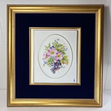 【1円スタート】【中古】MEISSEN/マイセン 陶板画 花と葡萄 フラワー&フルーツ プラーク 25.8cm 額装 手描き 近鉄百貨店購入