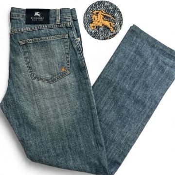 L相当◎BURBERRY BLACK LABEL バーバリーブラックレーベル デニムパンツ レザーロゴパッチ ホース刺繍 ボタンフライメンズ インディゴ