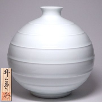 慶應◆人間国宝【井上萬二】本人作 白磁線文壷 高さ25.5cm 共箱付