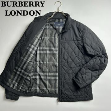 L/背面ロゴ【BURBERRY LONDON バーバリーロンドン】ダウンジャケット 全面ノバチェック キルティング カウレザー 牛革 メンズ 黒 ブラック