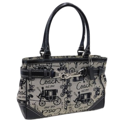 1円■美品 コーチ ハンドバッグ F14444 ブラック&times;グレー系 キャンバス&times;エナメル ハンプトンズ 普段使い COACH ■E.Bee.Yg-01