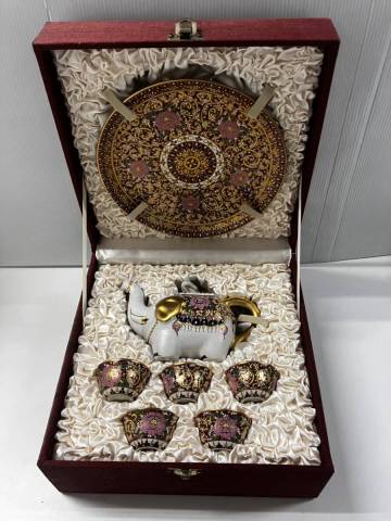 ベンジャロン焼 像型ティーポット ティーセット Hand painted in Thailand ケース付き 未使用品 長期自宅保管品 現状お渡し