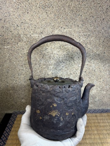 龍文堂 安之介 象嵌　明治金工 岩肌 明治時代 鉄瓶 煎茶道具 修理無し 水漏れ無し