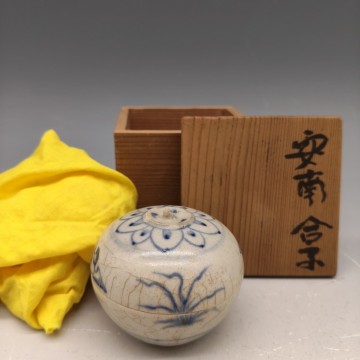 26091413C安南染付 合子 香合 茶道具 共箱付き 時代物 骨董品 ベトナム古美術 青花