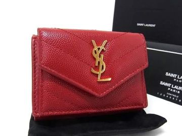 1円 ■美品■ SAINT LAURENT サンローラン カサンドラ レザー 三つ折り 財布 ウォレット 札入れ 小銭入れ レディース レッド系 HC6027