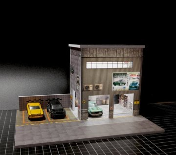 1/64 整備工場 駐車場ジオラマ 小スケール 合金ミニカ 撮影スタジオ ミニカ収納 ディスプレイ LED照明付き