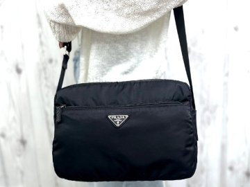 極美品 PRADA プラダ テスート ショルダーバッグ バッグ ナイロン&times;レザー 黒 メンズ 107218Y