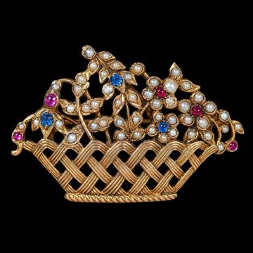 珠玉のジャルディネッティ（小さな庭）デザインブローチ！カラフル古ガラス＆天然石＆パールの豪華装飾！19世紀後半頃・本物保証！
