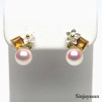 真珠屋さん 可愛い秀品【ホワイトピンク】最高の色！6.5mm アコヤ真珠 美しい貴石 K18ピアス シトリン 伊勢志摩産特選パール 18金 新品