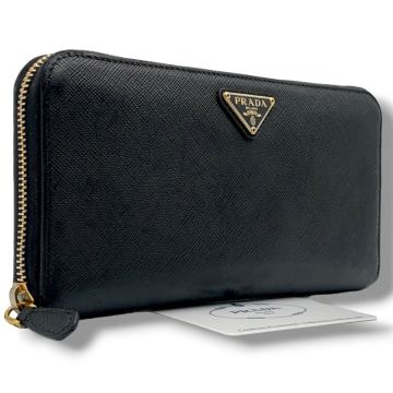 美品● PRADA プラダ 長財布 三角ロゴ ラウンドファスナー ジップ ゴールド金具 サフィアーノレザー 本革 メンズ ビジネス ブラック 黒