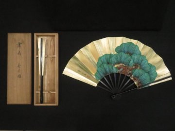 【真作】望月玉成『舞扇 寿松図◆2本』箱書 共箱 落款 署名 日本画 肉筆画 扇面 扇子 古典 伝統 芸能 日本舞踊　　検)能楽能面歌舞伎世阿弥