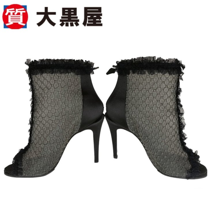 【大黒屋82】CHANEL シャネル G28049 ブーツ 38.5 ブラック レース ピンヒール シースルー 箱付き ハイヒール メッシュ オープントゥ 春夏