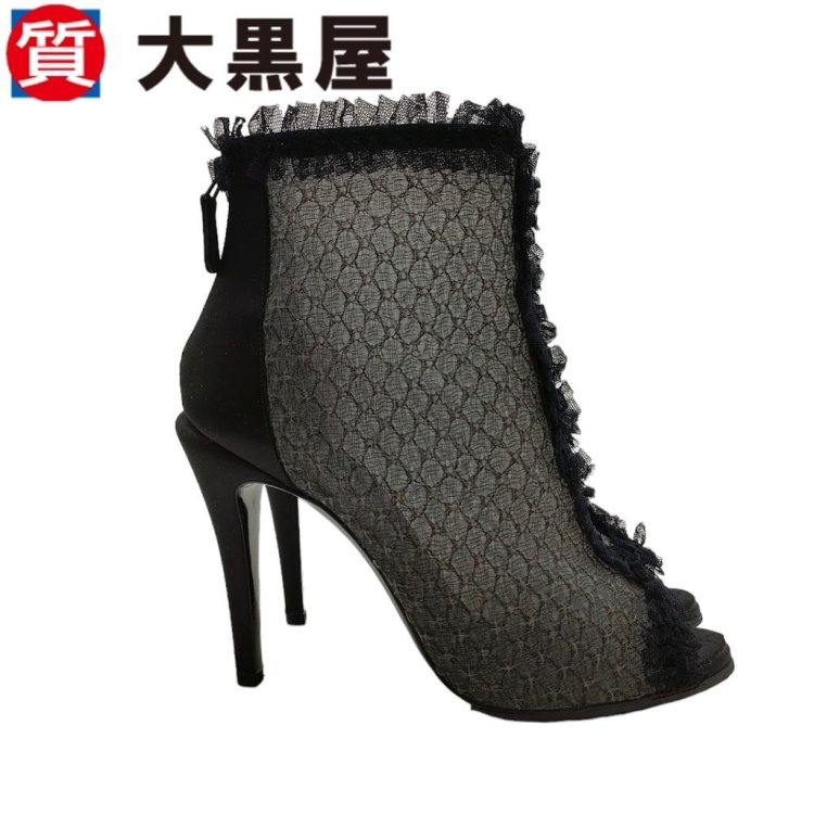 【大黒屋82】CHANEL シャネル G28049 ブーツ 38.5 ブラック レース ピンヒール シースルー 箱付き ハイヒール メッシュ オープントゥ 春夏