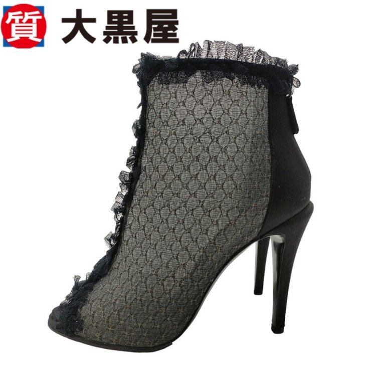 【大黒屋82】CHANEL シャネル G28049 ブーツ 38.5 ブラック レース ピンヒール シースルー 箱付き ハイヒール メッシュ オープントゥ 春夏