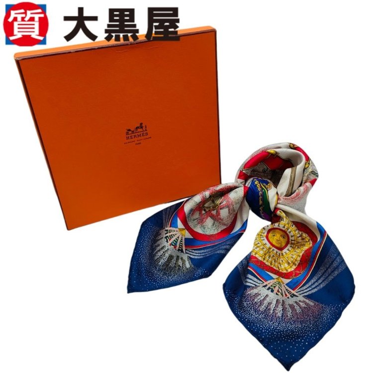 【大黒屋82】HERMES エルメス スカーフ カレ90 FEUX DARTIFICE シルク ネイビー 馬 服飾小物 バッグスカーフ ヘアアクセサリー 大判 ベルト