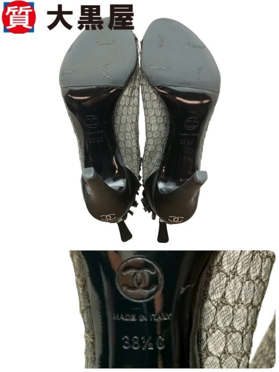 【大黒屋82】CHANEL シャネル G28049 ブーツ 38.5 ブラック レース ピンヒール シースルー 箱付き ハイヒール メッシュ オープントゥ 春夏