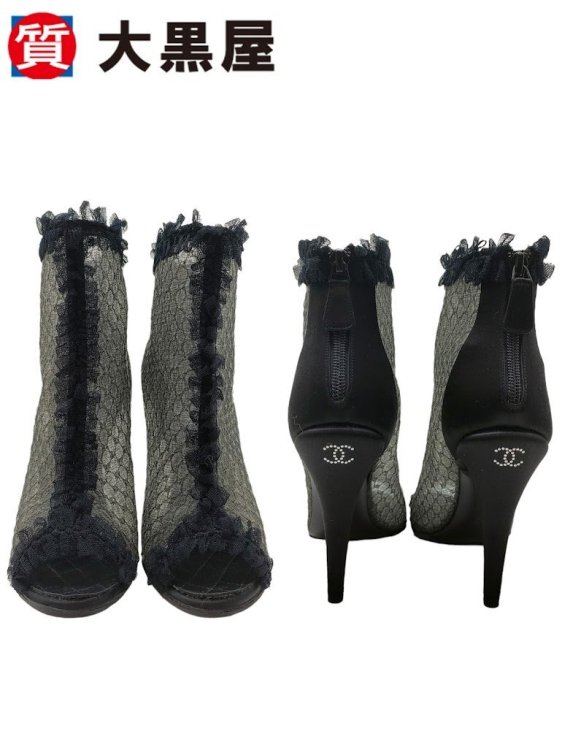 【大黒屋82】CHANEL シャネル G28049 ブーツ 38.5 ブラック レース ピンヒール シースルー 箱付き ハイヒール メッシュ オープントゥ 春夏