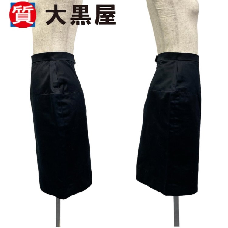 【大黒屋82】CHANEL シャネル スカート タイト ブラック 黒 コットン レディース 無地 ココマーク フランス製 ヴィンテージ ひざ丈